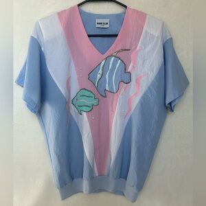 Vintage Bonnie Blair Aqua Fish Batwing Pastel Color Block Blouse Med 80s Vneck